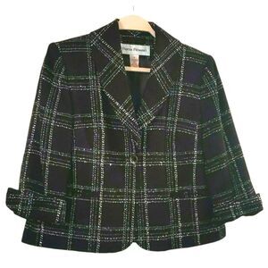Black Tweed Blazer Jacket Checked 3/4 Sleeve Lined Career Office Size 6